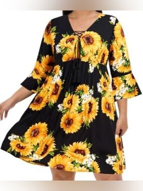 Black Sunflower Lace-Up V-Neck Midi Dress
